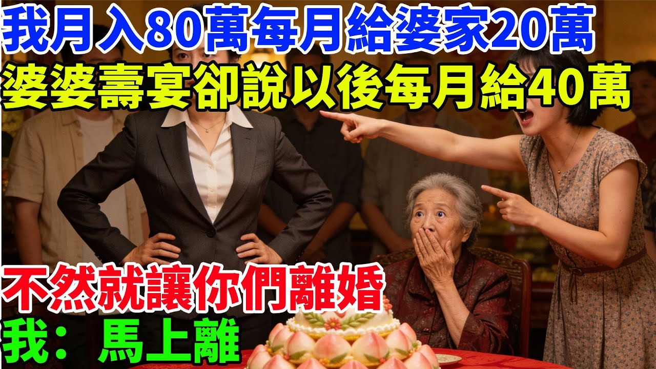 我月入80萬，每月給婆家20萬，婆婆65壽宴上小姑子卻説：以後每月給40萬，不然爸媽就讓你們離婚。婆婆還沒開口，我：馬上離#故事頻道#情感故事#家庭故事#婆媳