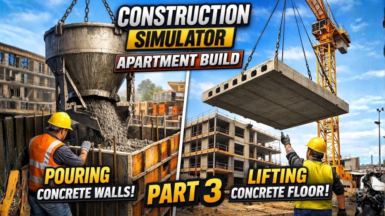 Construction Simulator – Apartment Building Part 3 | Concrete Walls & Crane Lifting Floor Panels