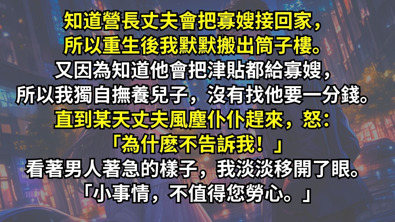 知道營長丈夫會把寡嫂接回家，所以重生後我搬出筒子樓。又因為知道他會把津貼都給寡嫂，所以我獨自撫養兒子。直到某天丈夫風塵仆仆趕來，怒：「為什麽不告訴我！」看著男人著急的樣子，我淡淡移開了眼。