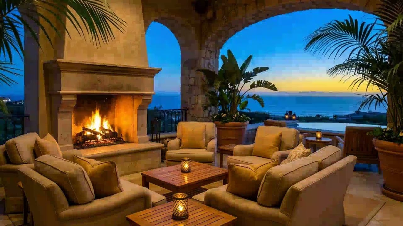 Luxury Tropical Lodge with Elegant Jazz for Focus | Soft Jazz & Ocean Sounds by Fireplace