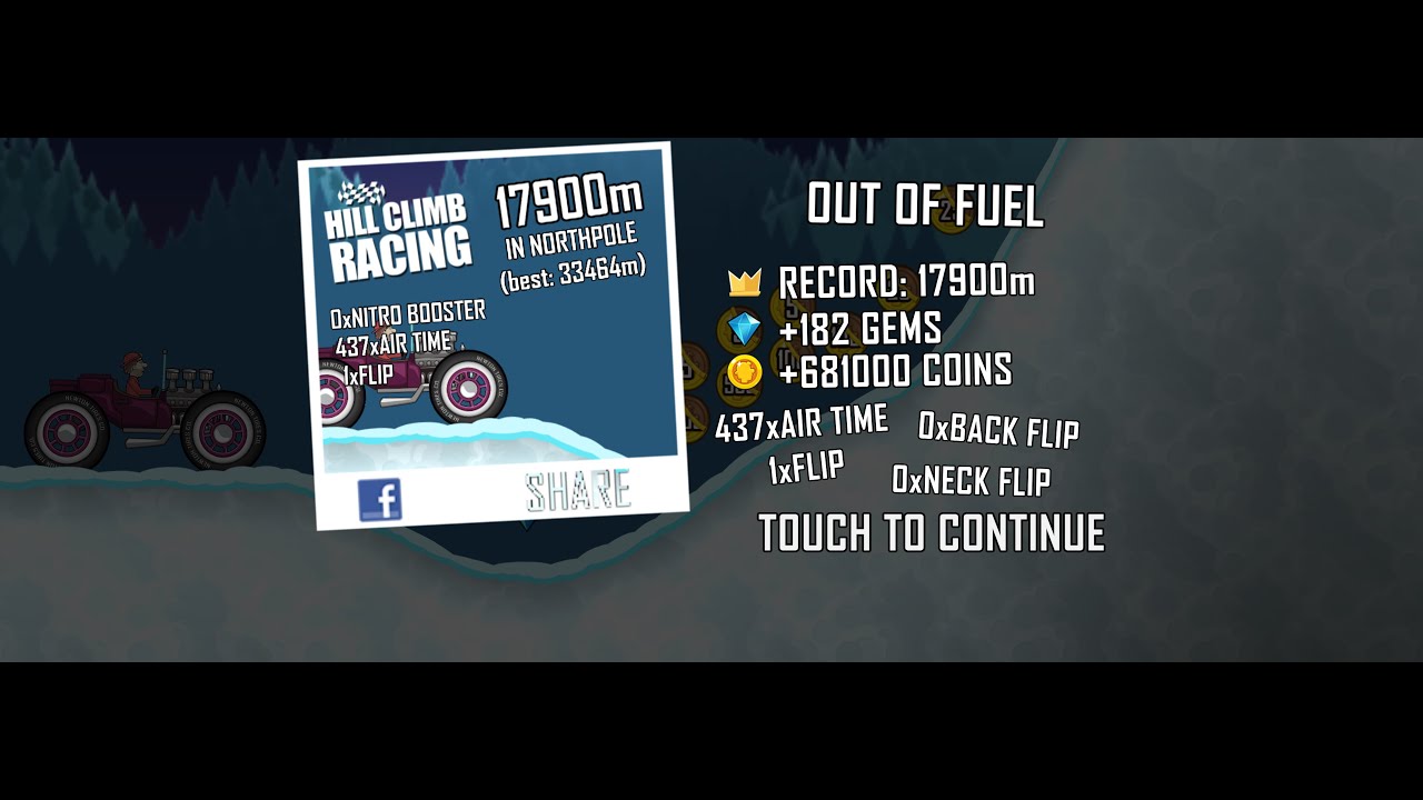 Hill Climb Racing: 17900m in Northpole on Hot Rod (no boosters, no pets)