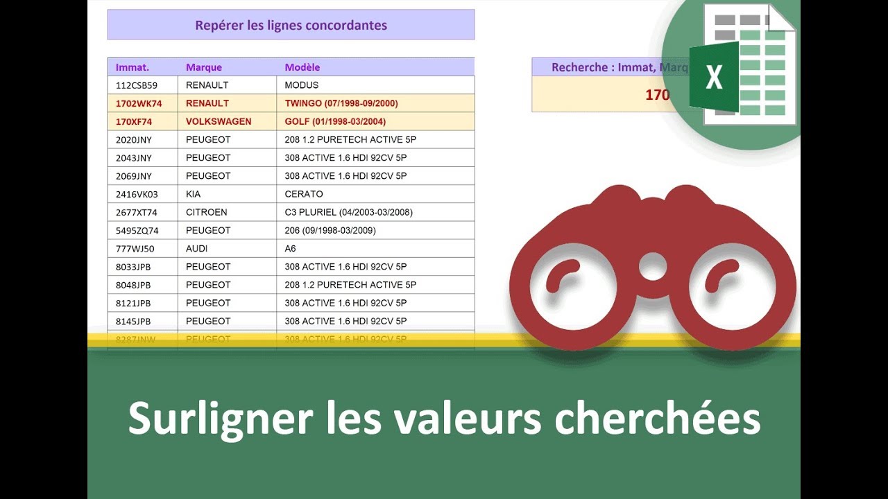 Surligner les valeurs recherchées avec Excel