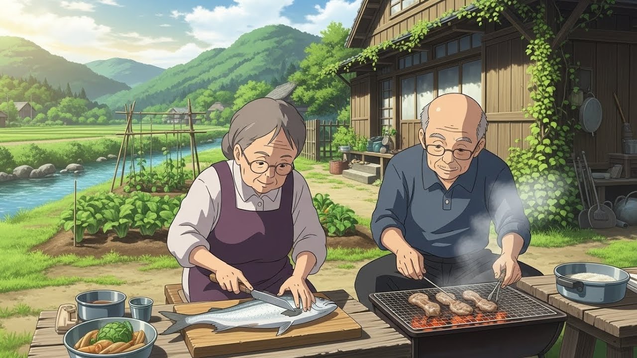 Peaceful Ghibli-Style Life 🍃 Buying & Grilling Fresh Fish 🐟 ASMR Cooking & Village Walk