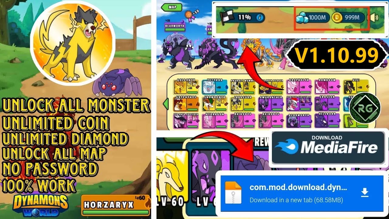 NEW UPDATE!! Dynamons world Mod Apk version 1.10.99 || Unlock All Maps || #dynamonsworld ||100% WORK
