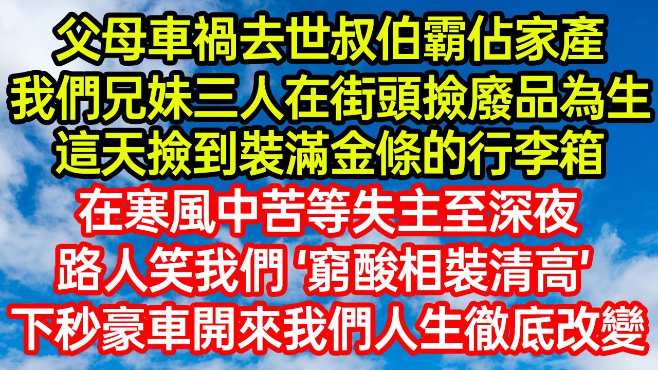 父母車禍去世叔伯霸佔家產，我們兄妹三人在街頭撿廢品為生。這天撿到裝滿金條的行李箱，在寒風中苦等失主至深夜。路人笑我們&lsquo;窮酸相裝清高&rsquo;，下秒豪車開來我們人生徹底改變 #爽文#情感故事#晓晨的书桌