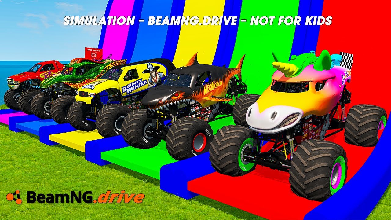 5 MONSTER TRUCKS vs GIANT COLOR WATER SLIDE #014 in BeamNG.Drive