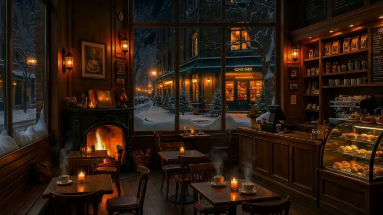 Relaxing Night Jazz at a Snowy Café | Cozy Winter Jazz by the Fireplace for Relaxation & Rest☕