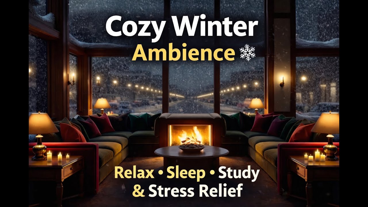 Cozy Winter Evening Lounge Ambience❄️Fireplace & Snowfall | Relax, Sleep, Study & Stress Relief