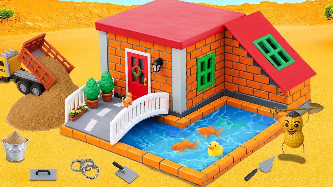 DIY Construction Science Project - Build a Mini Brick House with Garden Pool and Duck Toys