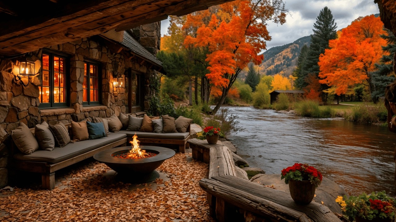 Stay for the View, Stay for the Sounds | Cozy Riverside Cabin Porch in the Autumn Forest Sounds