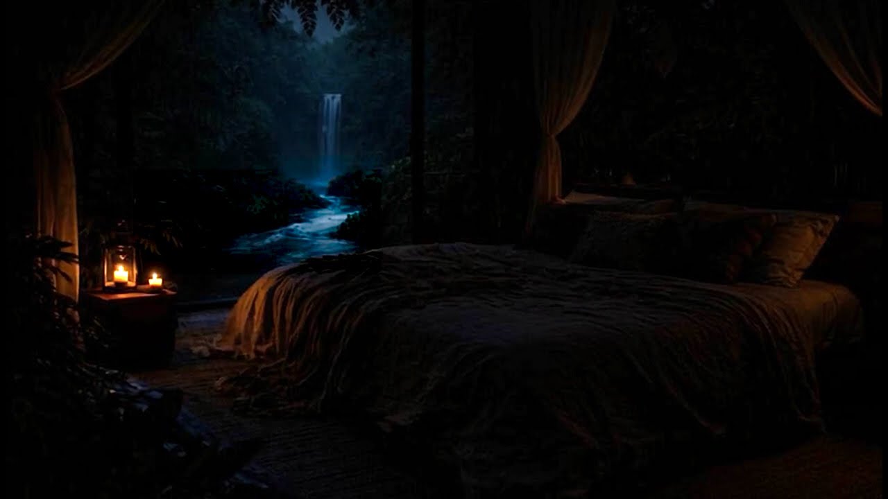 Amazon Jungle Night Sleep🌙Waterfall & River Sounds + Frogs, Owls, Crickets, Dark Room Ambience 8H 4K