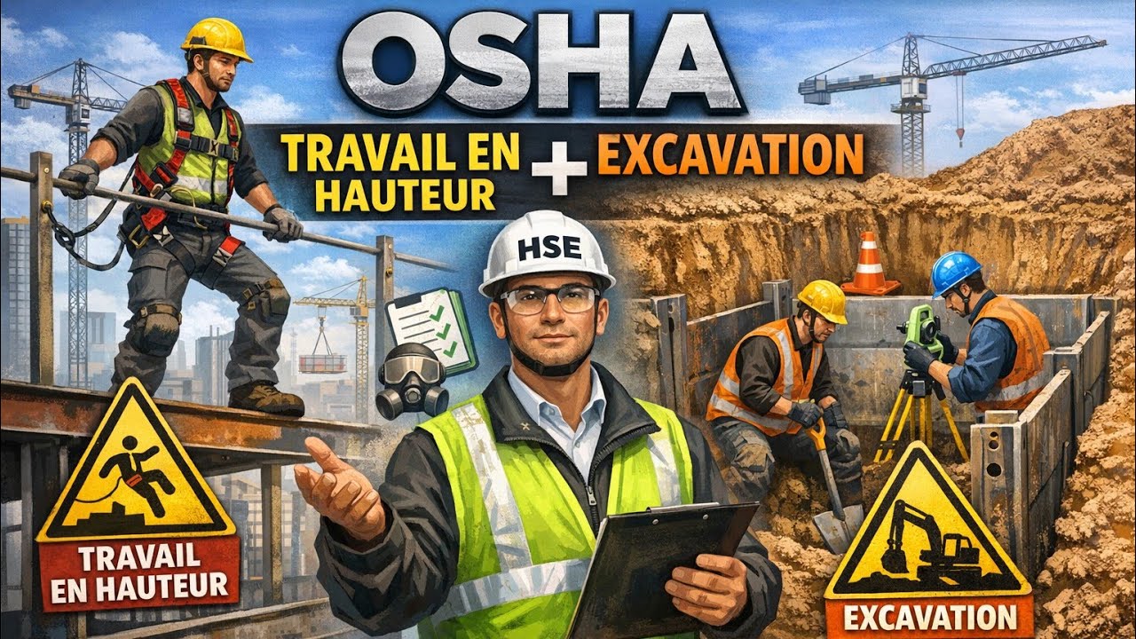 OSHA  شرح درس Travail en hauteur و Excavation مع تمارين وحلول ودور HSE في تعامل مع جميع المخاطر 
