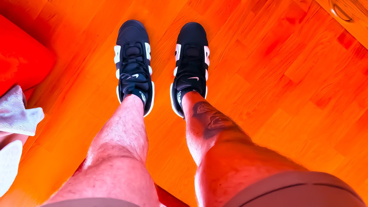 Nike Air More Uptempo Low Panda Black White Sneakers on Feet  FZ3055 001