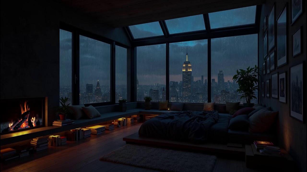 Sleeping Above New York City ⛈️ Rain On Window & Fireplace Sounds In A Luxury High-Rise Apartment