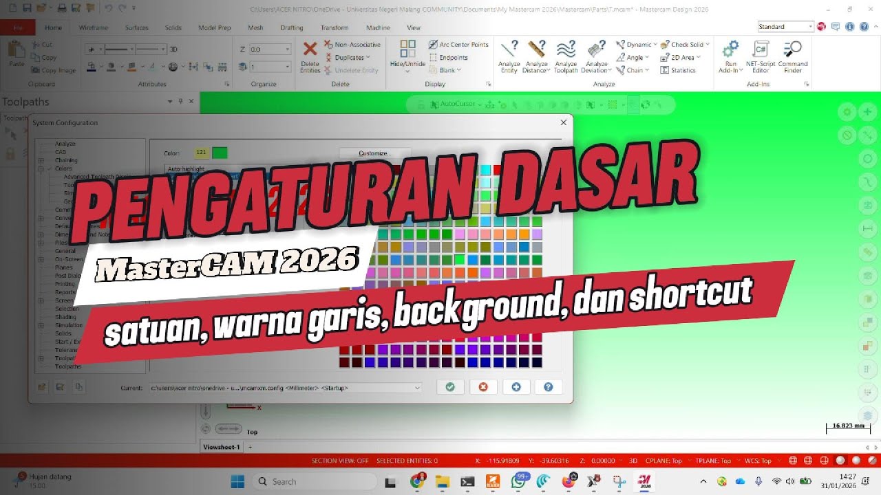 Panduan Pengaturan Dasar MasterCAM 2026 - Satuan, Warna Garis, Background, dan Shortcut