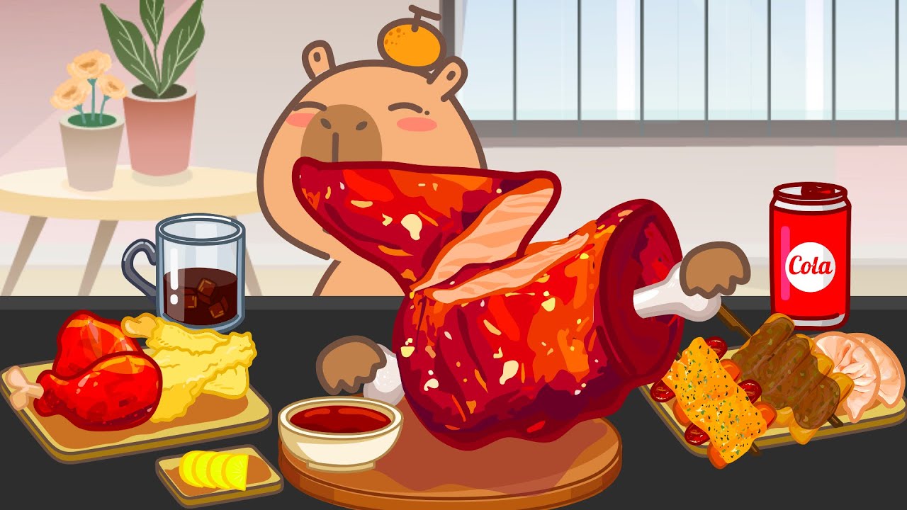 Capybara mukbang animation / ASMR / Anime Meat, Fried Chicken, Korean dumplings,Tteokkochi/Lazy Capy