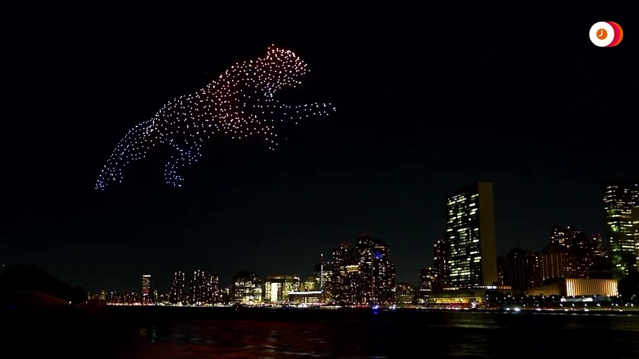 Drones splash Amazon rainforest across NYC sky
