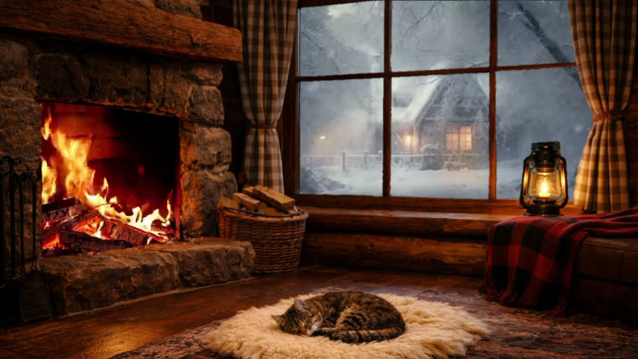 Cozy Fireplace Sounds | Winter Cabin Ambience ❄️🔥 1 Hour of Fire & Wind for Deep Relaxation