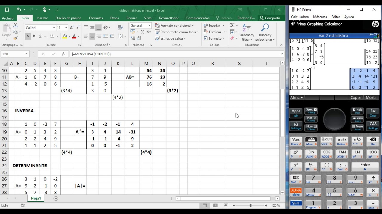 OPERACIONES CON MATRICES EN EXCEL Y EN LA CALCULADORA HP PRIME