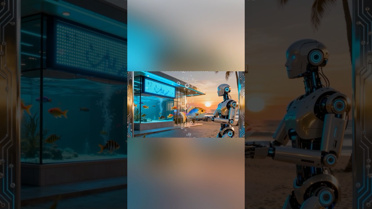 Future fish market ad with robots catching, cutting & selling fish. No human needed. 