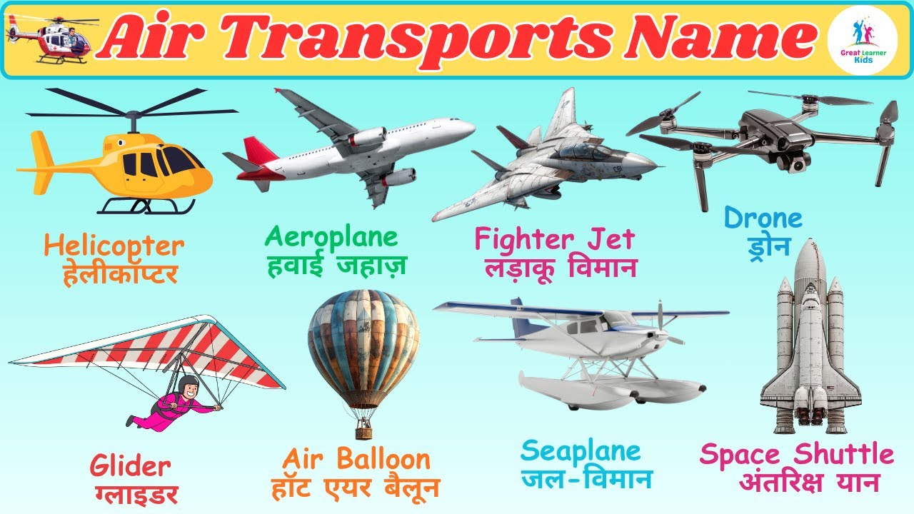 Air Transports 🛩️ Name in English and Hindi with Pictures | Name of Air Transports for Kids