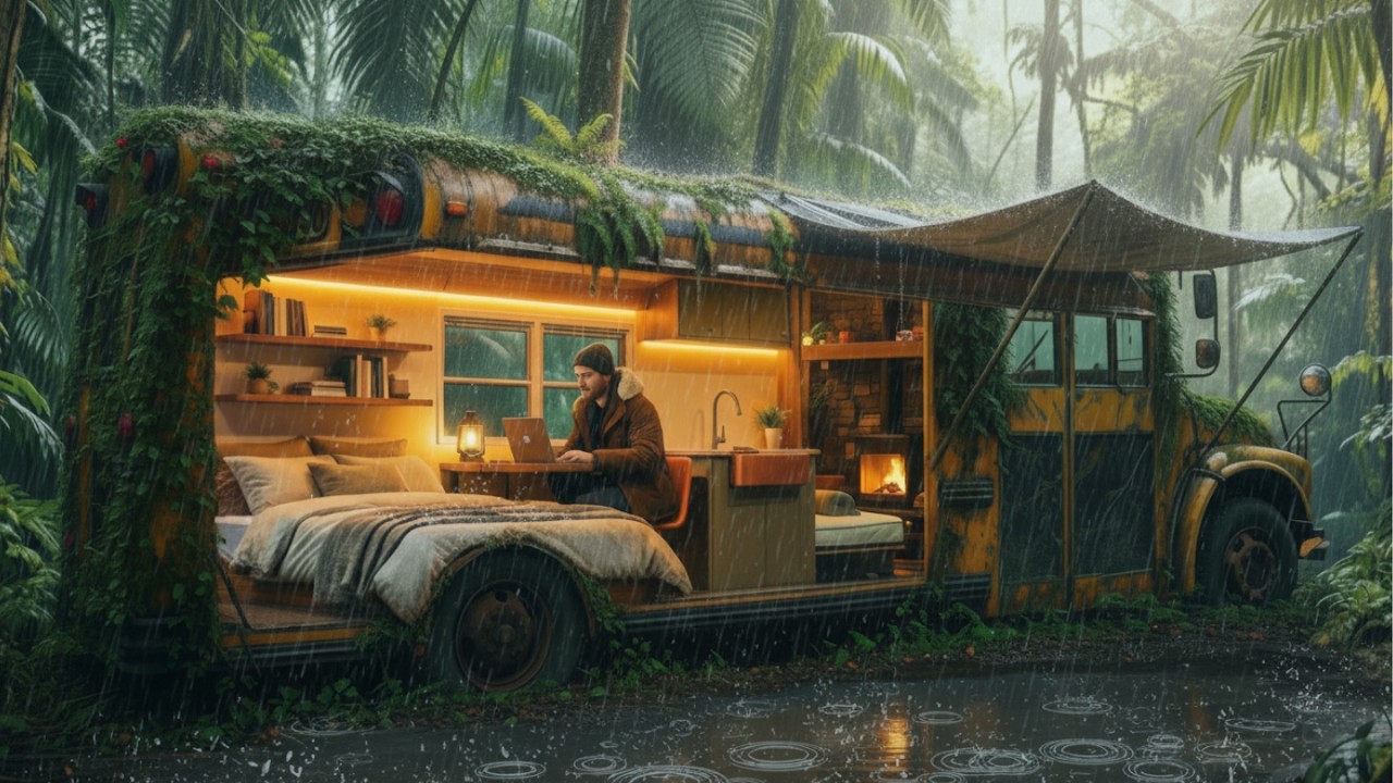 I Turned an Abandoned BUS Into a LUXURY Tiny Home | Heavy Rain ASMR
