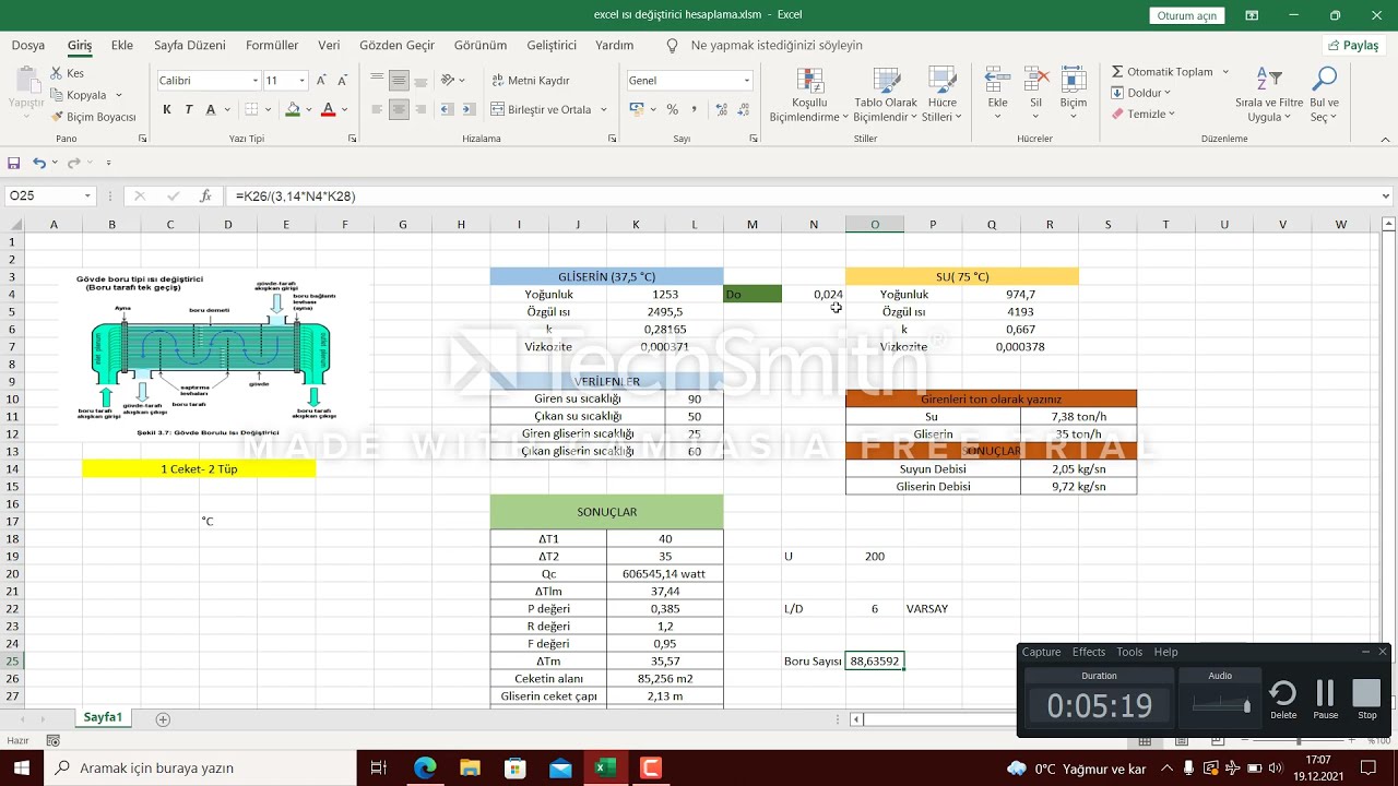 Excel de Isı değiştirici tasarımı ( Örnek Çözümlü)