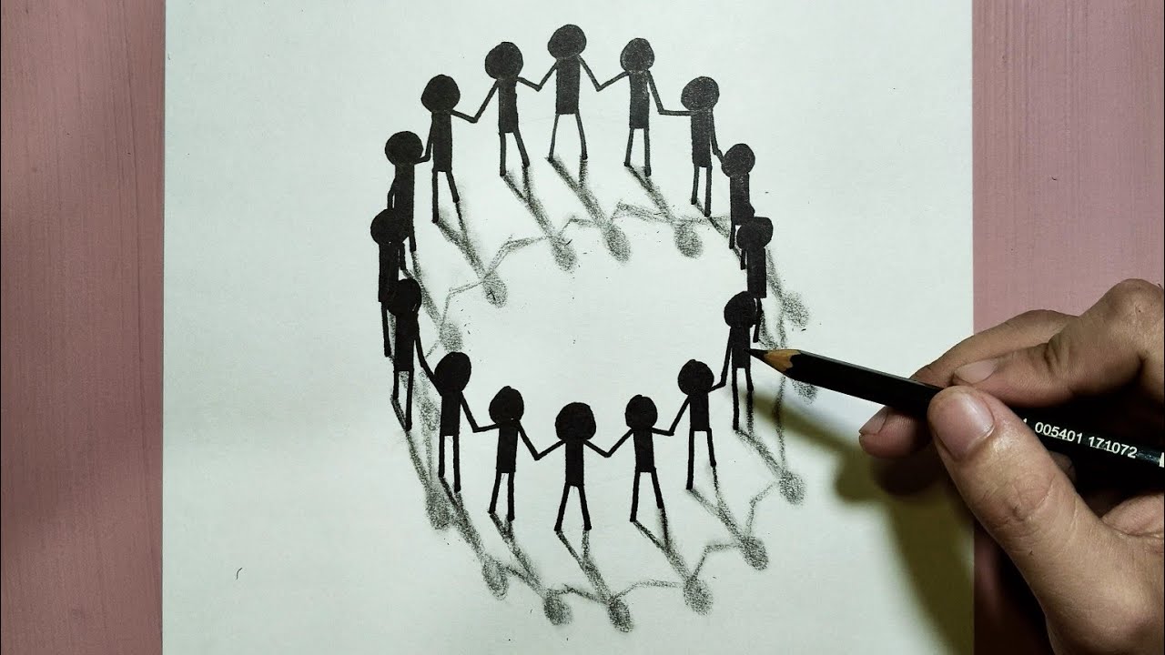 3D Stick man people holding hands on a circle 3D trick art