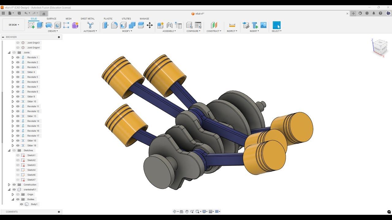 Сборка двигателя V6 в Fusion 360 (полная сборка + анимация)