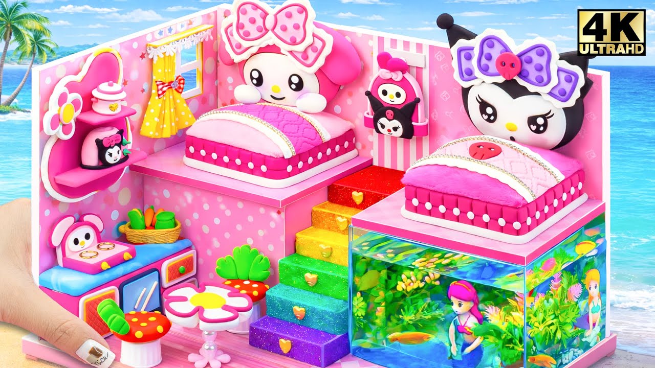 Build My Melody & Kuromi Bedroom House with Rainbow Stairs & Aquarium Pool 🌈 DIY Miniature House