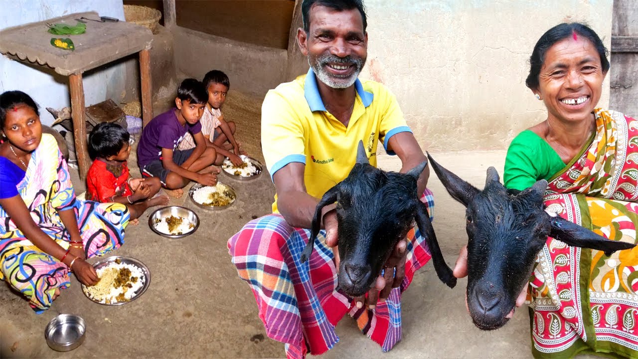 GOAT HEAD curry eating with Rice wine Santali traditional Cooking | Two Mutton Head Cooking