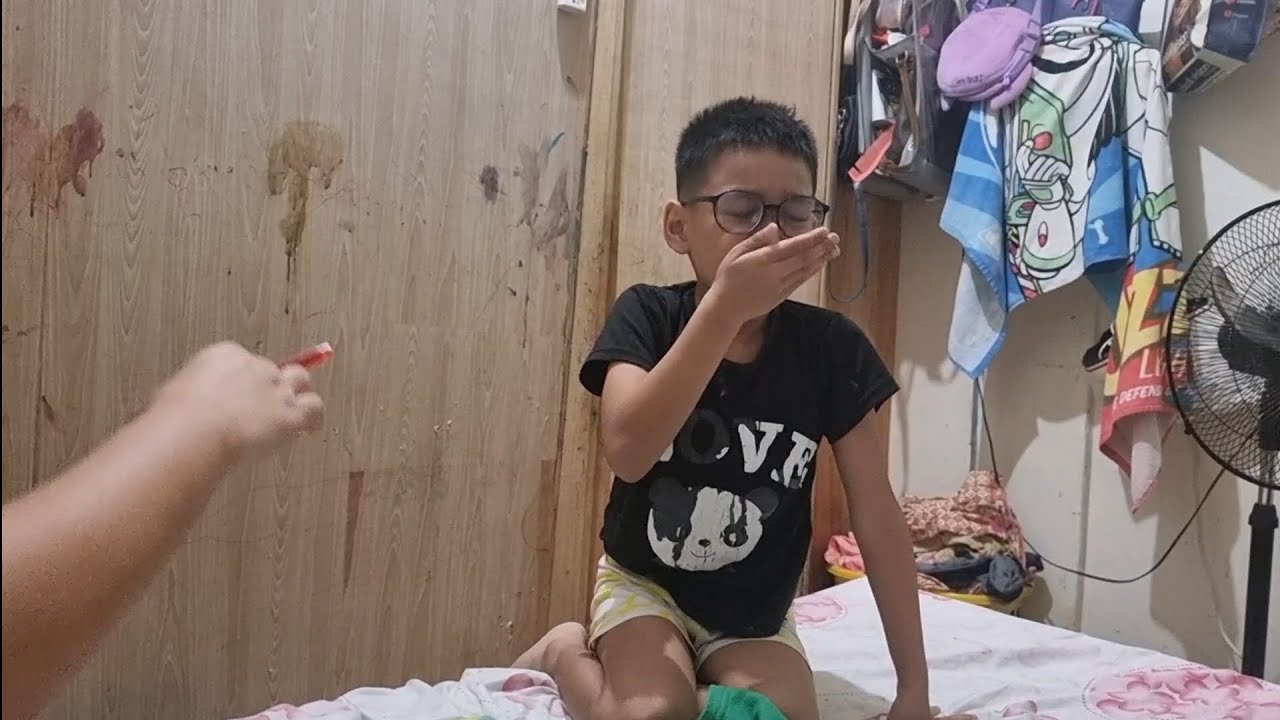 Keem cannot stop sneezing ( little boy drinking medicine)