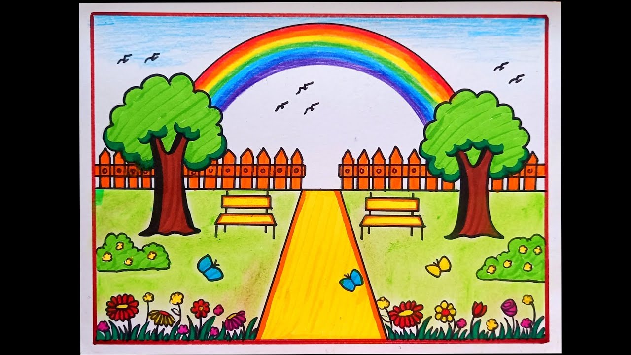 Easy Garden With Rainbow Scenery Drawing/How To Draw Flower Garden  Drawing/Rainbow Scenery Drawing