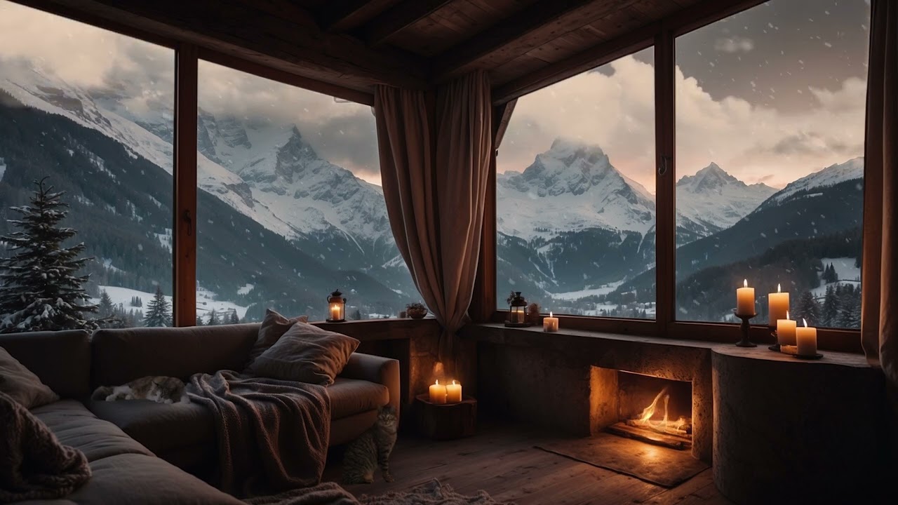 Majestic Winter Ambience | Relaxing Music & Beautiful Mountain View, Snowfall, Crackling Fireplace