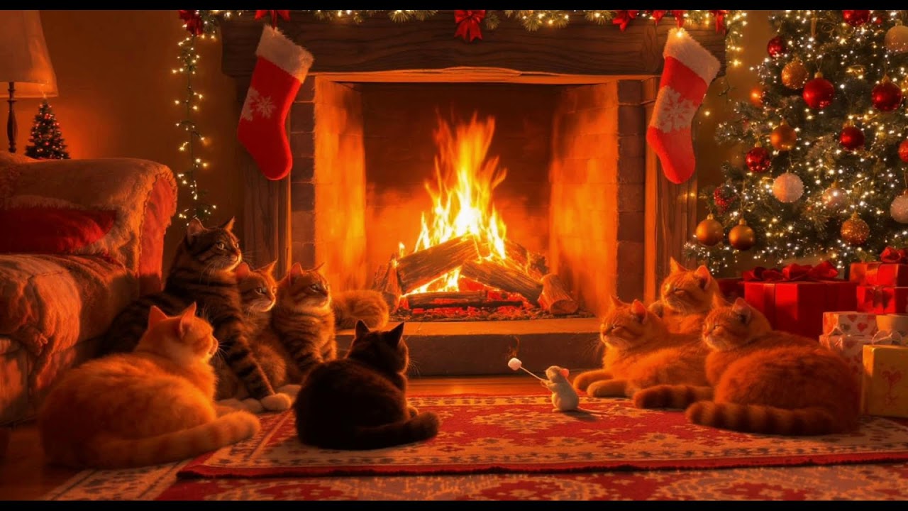 Cats by the Christmas Fireplace| Cozy Winter Ambience & Relaxing Crackling Fire| 4K & No Ads
