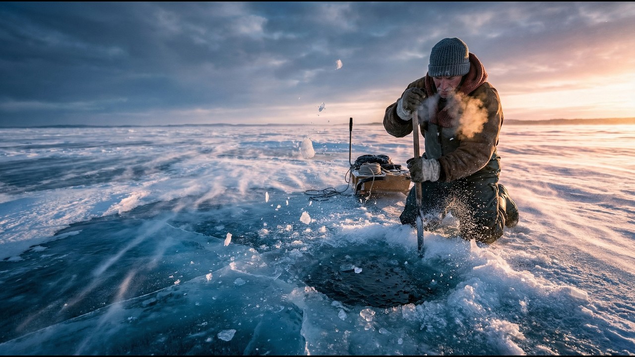 SURVIVAL I 1 day of an Arctic fisherman cutting ice holes