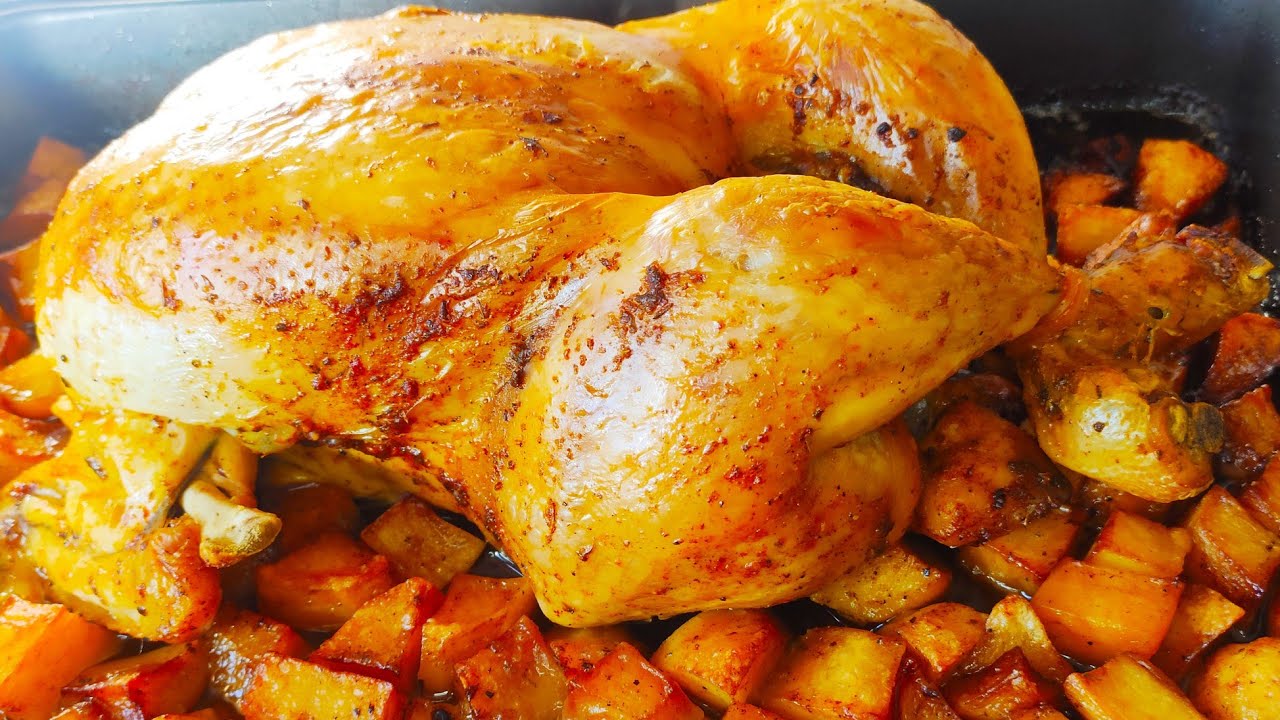 Pollo al horno asado en su jugo (tierno y jugoso por dentro y crujiente por fuera)😋