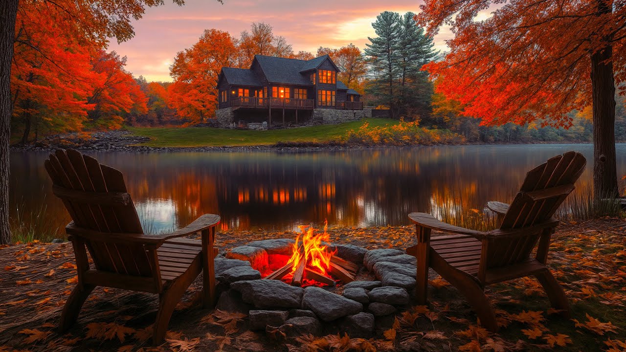 Peaceful Autumn Evening by the Lake 🍂🔥 Cozy Campfire & Relaxing Fall Forest Sounds for Sleep