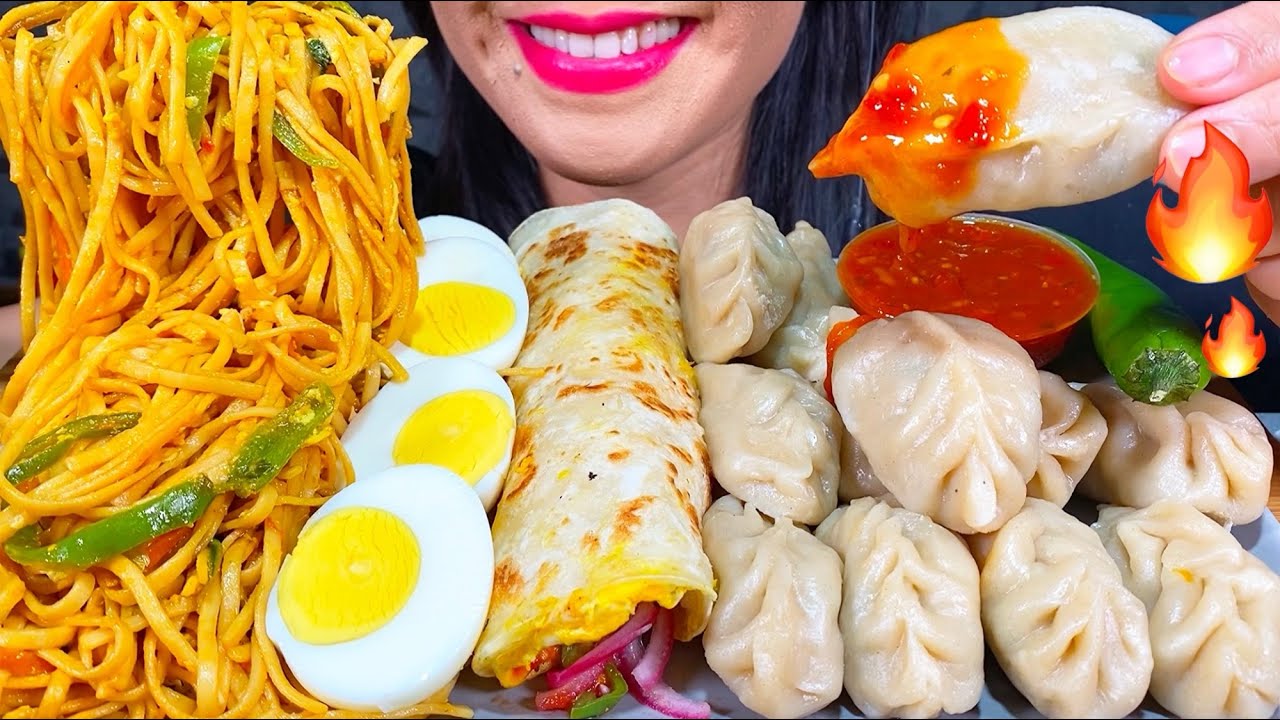 ASMR CHOWMEIN NOODLES, VEG MOMO, EGG ROLL, BOILED EGG MUKBANG MASSIVE Eating Sounds