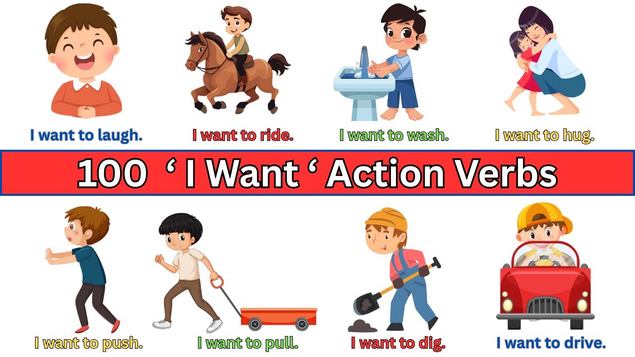 100 Action Verbs with &lsquo; I want&rsquo; Sentences | Action Verbs for Beginners | English Vocabulary for kids