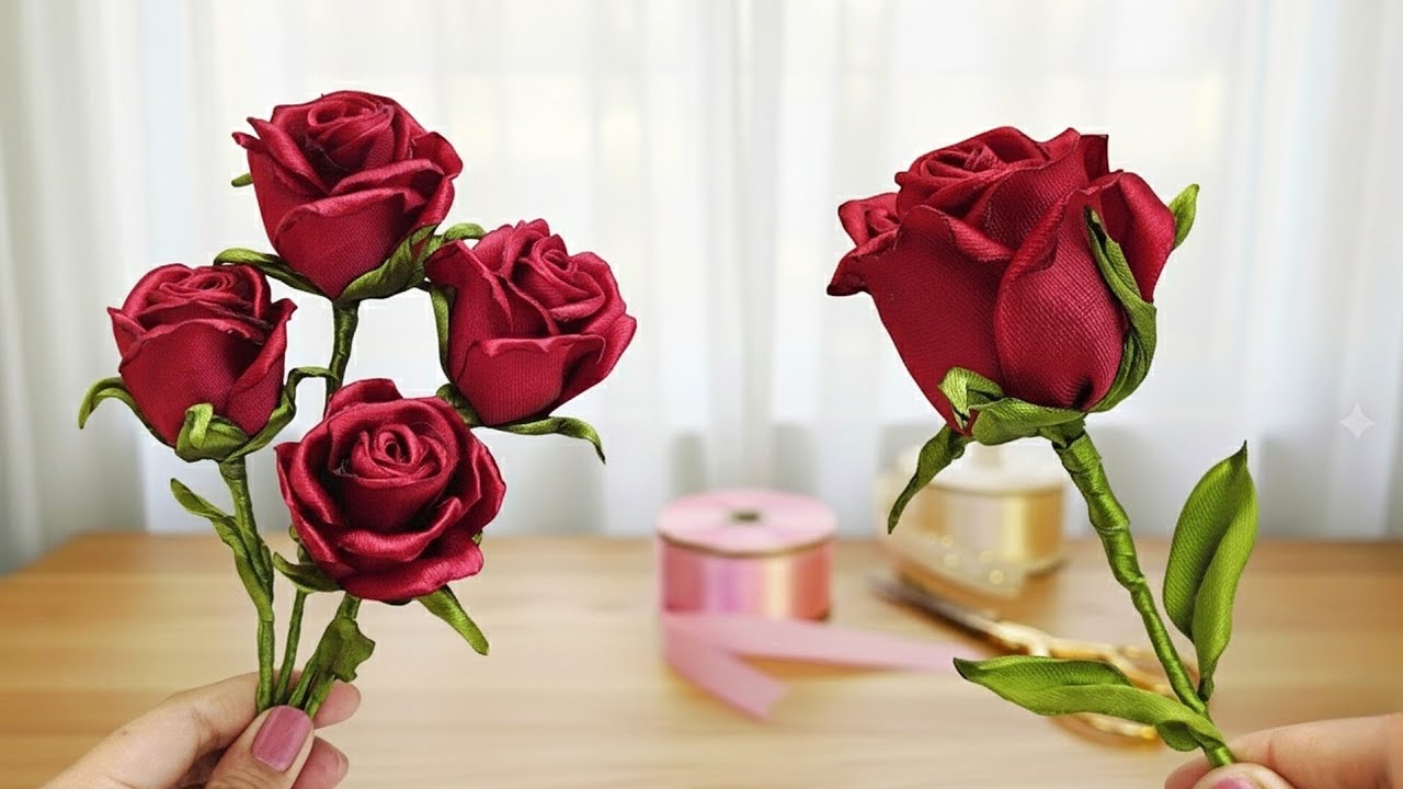 DIY ribbon roses/how to make beautiful rosebud flower with satin ribbon easily