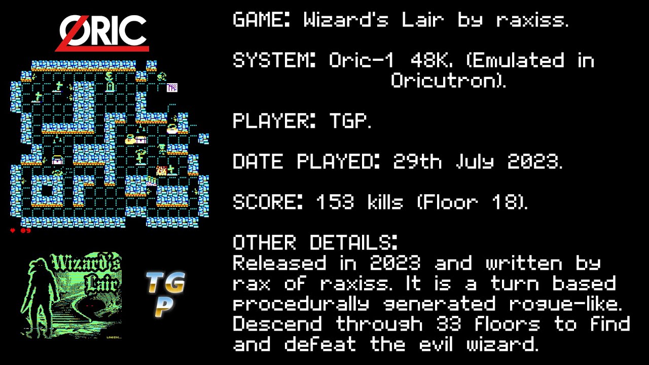 Wizard's Lair - raxiss - Oric-1 48K - Normal Difficulty - Emulated, Oricutron - 153 kills.