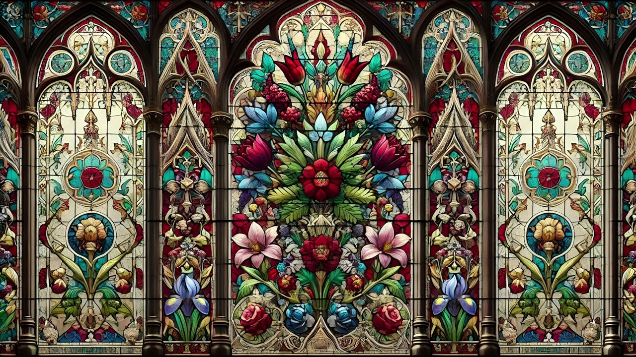 Stained Glass Window Backdrop - TV ART | Floral Cathedral Stained Glass Wallpaper | 4K