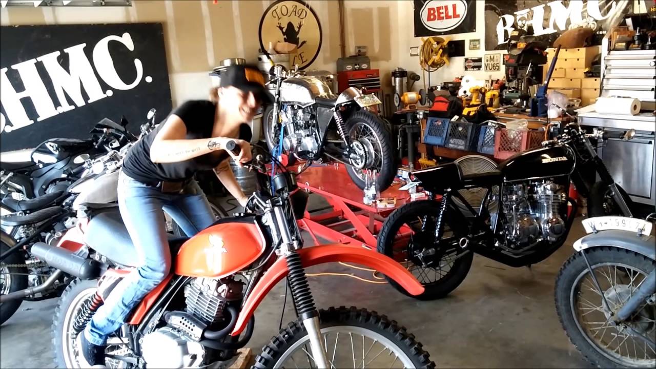 Girls kick starting a Honda XR500