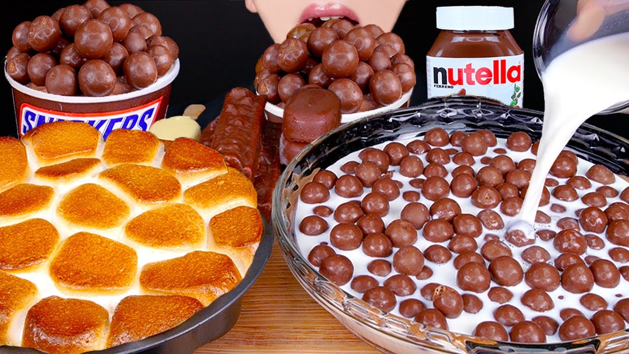 ASMR MALTESERS MAGNUM CHOCOLATE ICE CREAM DESSERT S'MORES DIP NUTELLA MUKBANG 몰티져스 먹방 EATING SOUNDS