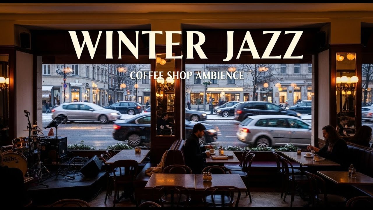 🔴 Cozy Winter Day at Outdoor Coffee Shop Ambience ⛄ Soft Jazz Music & Crackling Fireplace to Relax