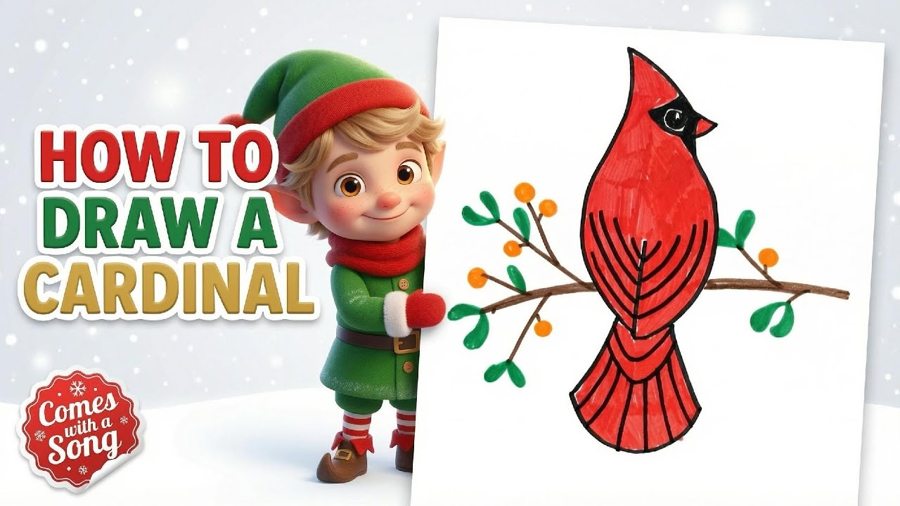 How to Draw a Cardinal | Draw and Sing with Elfie the Christmas Artist
