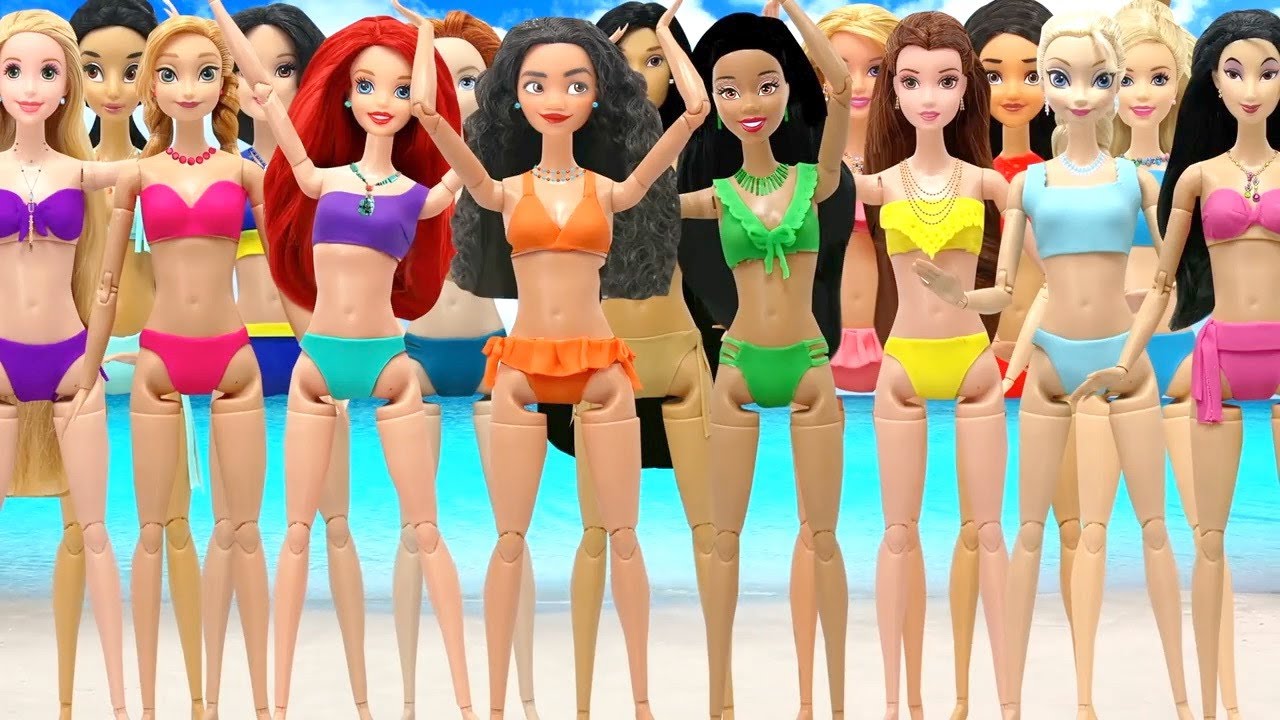 Play Doh Disney Princess Ariel, Belle, Tiana, Cinderella, Rapunzel, Snow White  Beachwear Outfits