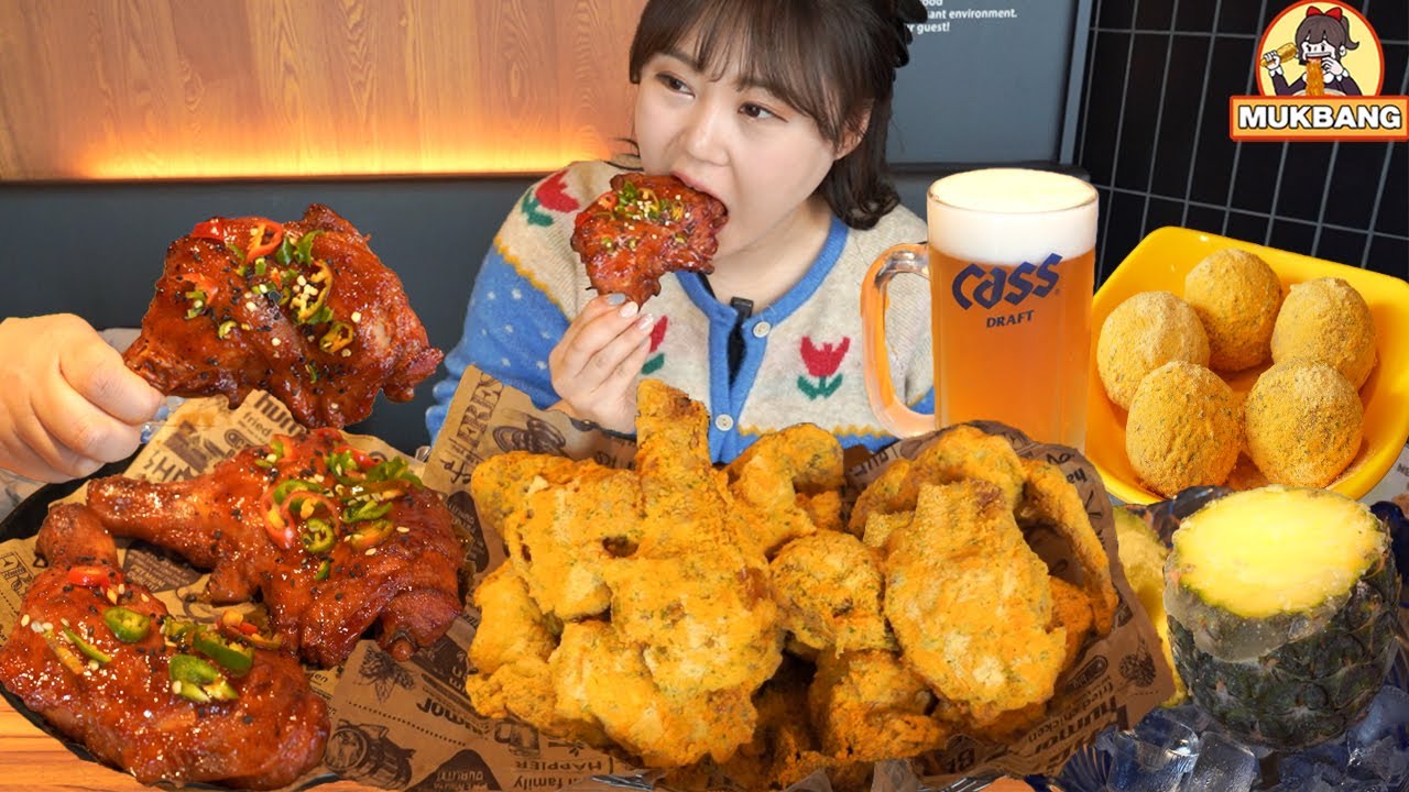 Mukbang😋 Курица Purinkle, сырные шарики, жареные голени Gochujang в BHC🍗Поедание корейской курицы.