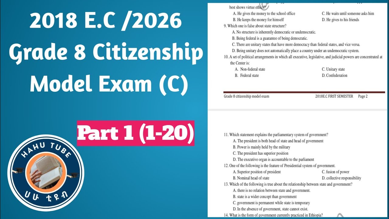 Grade 8 Citizenship Model Exam 2018 (Q1–20) | Ethics, Democracy & Government | Ethiopia